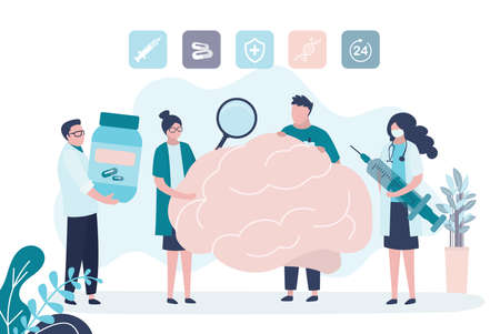 Medical staff treat brain disease. Group doctors and nurses in uniform. Women examine organ with magnifying glass. Concept of healthcare, diagnostics and treatment. Trendy flat vector illustrationのイラスト素材