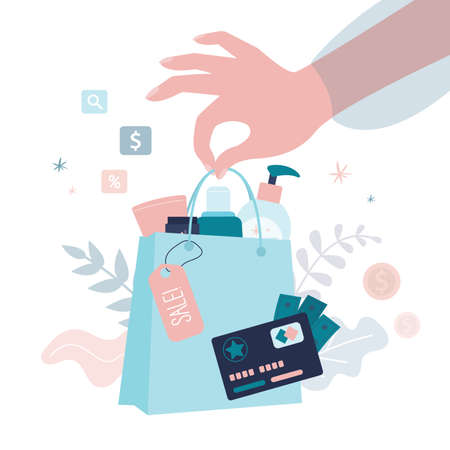 Female hand holds package full of beauty products. Sale of various healthcare cosmetics. Discount card. Concept of sale, skincare and shopping. Banner in trendy style. Flat vector illustrationのイラスト素材