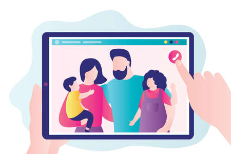Cartoon family on tablet screen. Hand holds device with parents and children in screen. Video call...
