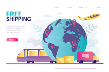 Various means of transport for delivery worldwide. Landing page template on theme free shipping. World map with destinations. Concept of global delivery service. Flat design vector illustrationのイラスト素材