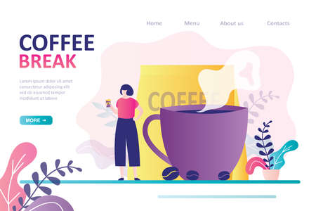 Business woman rest and drinks coffee on break. Employee relaxing on lunch time. Big cups of coffee. Female character with disposable cup. Landing page template. Trendy flat vector illustrationのイラスト素材