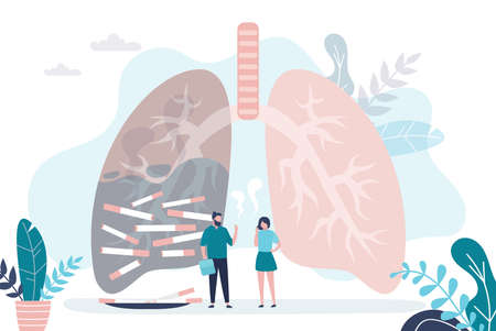 Man and woman smoking cigarettes. Healthy and unhealthy lung on background. Sick lung filled with smoke and cigarettes. Concept of bad habit and nicotine addiction. Trendy flat vector illustrationのイラスト素材