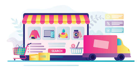 Various products in internet shop, online store showcase. E-commerce and fast delivery. Different goods in shopping trolley. Technology of shopping in online marketplace. Flat vector illustrationのイラスト素材