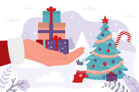 Santa Claus hand gives gifts. Traditional xmas tree, christmas celebration. New year, winter holidays, horizontal banner. boxing day. greeting card template. flat vector illustrationのイラスト素材