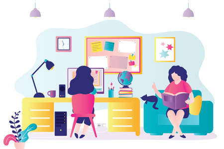 parent teaches child at home. Girl with mother or tutor getting education. Schoolgirl sitting at desktop and studying. concept of homeschooling. children room design interior. flat vector illustrationのイラスト素材