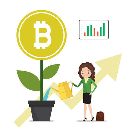 Happy woman trader watering money tree. Growing big bitcoin. Cryptocurrency market, blockchain technology. Arrow, graph and caucasian businesswoman. Investing in bitcoin. flat vector illustrationのイラスト素材