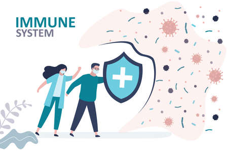 People in face masks protect the immune system from viruses and bacteria. Woman and man with shield protect immunity from disease. Concept of medicine and healthcare. Trendy flat vector illustrationのイラスト素材
