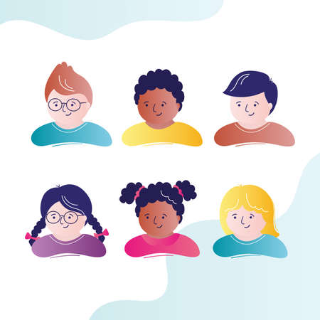 Collection of kids faces. Set of multicultural children or teenagers avatars. Schoolboys and schoolgirls with various hairstyles. Portraits of kids of different nationalities. flat vector illustrationのイラスト素材