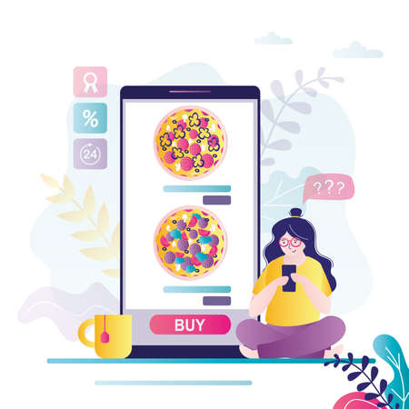 Female character ordering pizza through app. Assortment of variety of pizzas on mobile phone screen. Hungry woman orders fast food online. E-commerce and new technology. Trendy flat vector illustrationのイラスト素材