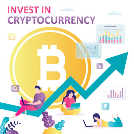 Business people invest in bitcoin. Cryptocurrency market, blockchain technology. Traders make money...