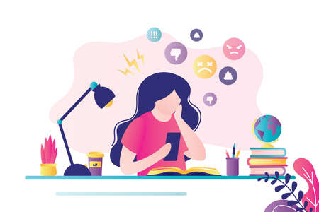Female character sitting with mobile phone at workplace. Bullying and humiliation on social media. Girl gets negative comments on the Internet. Cyber bully concept. Trendy flat vector illustrationのイラスト素材