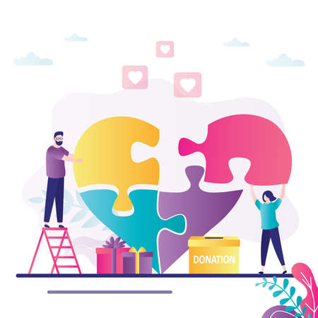 Man and woman collect heart from puzzle pieces. Concept of donation, volunteering and charity....