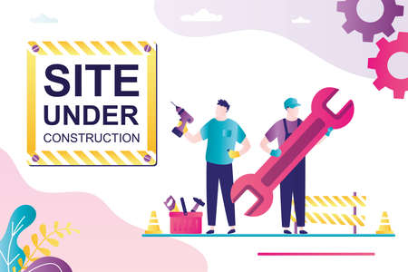 Site under construction, landing page template. Two repairmen with huge wrench and drill. Service...