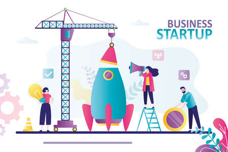 Big crane lowers rocket part. business people start up new project. Team builds large spaceship. Concept of business development, teamwork and preparation process. Trendy flat vector illustrationのイラスト素材