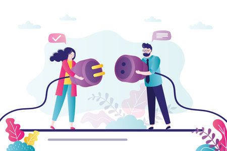 Two business people connect wires. Male and female character pull plugs towards each other. Concept of partnership and teamwork. business conversation, cooperation. b2b commerce. vector illustrationのイラスト素材