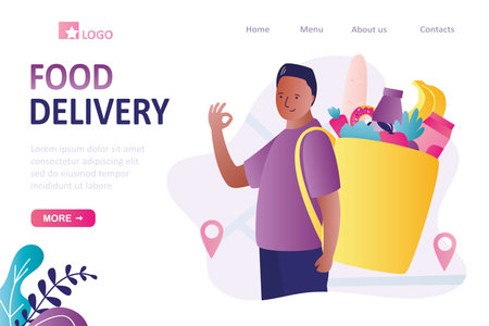 Courier delivers food to customers at home. Deliveryman with basket of various groceries. African american man working in service industry. Landing page template. Trendy flat vector illustrationのイラスト素材