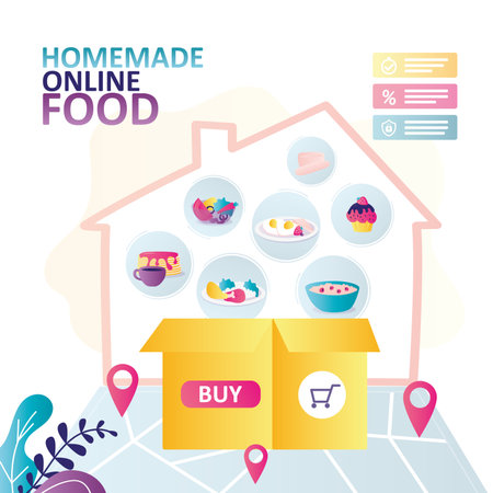 Restaurant delivers variety of dishes home. Assortment of different homemade dishes. Concept of e-commerce and delivery service. Large box on map. E-menu with various foods. flat vector illustrationのイラスト素材