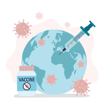Bottle of medicine against coronavirus. Syringe with covid-19 vaccine. Concept of vaccination and immunization. Protection against viruses. Planet with bacteria on background. flat vector illustrationのイラスト素材