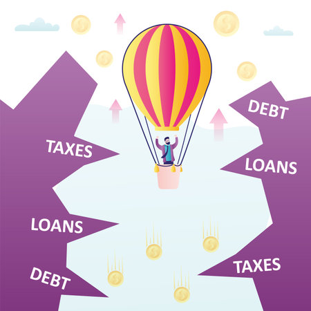 Successful businessman flies up on hot air balloon. Happy male character overcame all business problems. Entrepreneur overcome various adversities. Sharp rocks around balloon. flat vector illustrationのイラスト素材