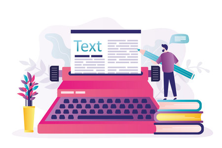 Copywriter writes texts for books, advertisements or blogs. Large typewriter with sheet of paper. Male character with pencil writes article. Concept of copywriting and marketing. vector illustrationのイラスト素材