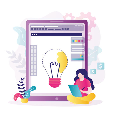 Illustrator or artist with stylus draws pictures on tablet. Big digital picture on screen. Female character works as graphic designer. Drawing app with different tools. Trendy flat vector illustrationのイラスト素材