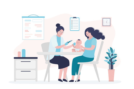 Nurse injection coronavirus vaccine to small child. Mom with baby on medical exam. Vaccination to protect people. Concept of healthcare and medicine. hospital room interior. flat vector illustrationのイラスト素材