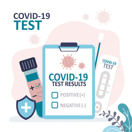 Covid-19 test results. blood test. Prevention of spread of pandemic. Tubes with saliva and rapid research of covid-19. medical tools. healthcare concept. Landing page template. vector illustrationのイラスト素材