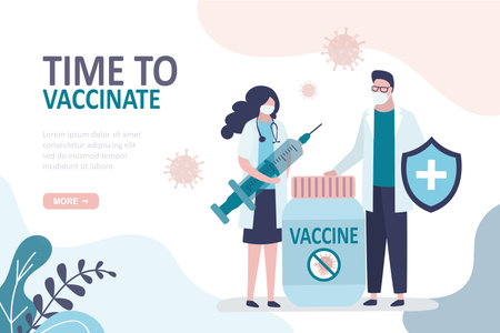 protection from viruses. Medical staff in uniform and protective masks. Prevention from diseases. Syringe, tube with vaccine for covid-19. Time to vaccinate, healthcare banner. vector illustrationのイラスト素材