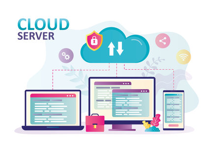 Different devices connected to the same cloud storage. Concept of cloud computing and data security. Server for storing various information or data. Database, digital technology. flat vector illustrationのイラスト素材