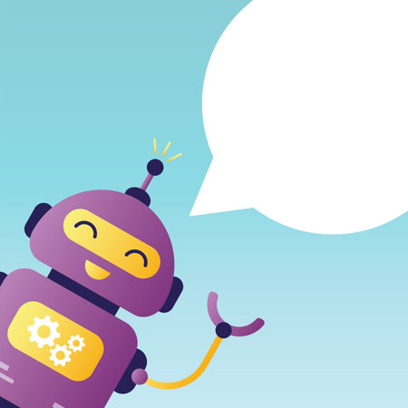Funny robot with white speech bubble. Web banner template. Chatbot character for help. Virtual assistant, online client support. Concept of customer service, hotline. Trendy flat vector illustrationのイラスト素材