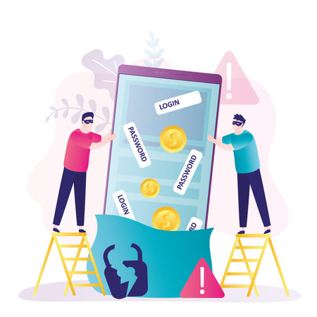 Masked thieves steal passwords and money. Two cybercriminals steal phone with personal data. mobile phishing attack. Concept of cyber attack and hacking. internet security. flat vector illustrationのイラスト素材