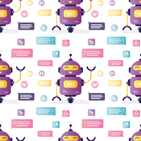 Chatbot application seamless pattern. Artificial intelligence says hi. Funny virtual assistant with various dialogues. Robot helps clients on different issues, support service. vector illustrationのイラスト素材