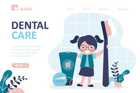Dental care landing page template. Little girl holds toothbrush and tube of paste. Various tools for maintaining oral hygiene. Female kid in bath. Healthy teeth, personal hygiene. vector illustrationのイラスト素材