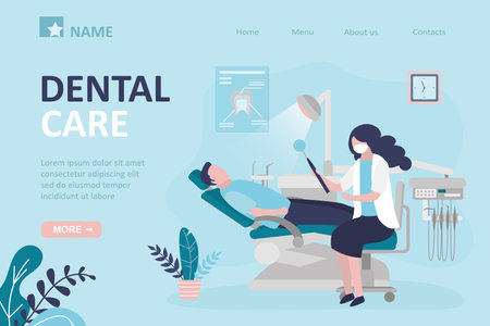 Dental care landing page template. Male character at dentist appointment. Specialist examine and treat patient teeth. Concept of stomatology and medicine. Dental office interior. vector illustrationのイラスト素材
