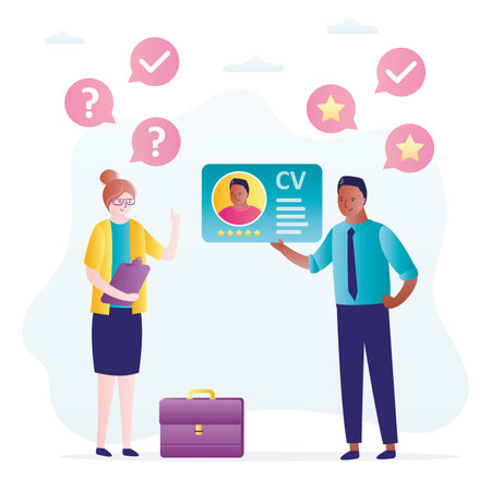 HR agent interview candidate. African american man holds excellent cv. Businesswoman talks to potential job candidate. Employer hires guy to work. Hiring process concept. flat vector illustrationのイラスト素材