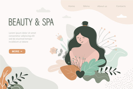 Naked woman in plants and flowers. Satisfied girl after spa treatments. Concept of beauty, spa and wellness. Lady takes care of body, skin, hair. Landing page template. Trendy flat vector illustrationのイラスト素材