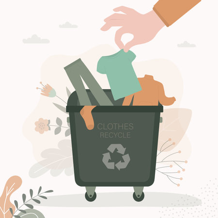 Man donates old clothes for recycling. Hand puts different textiles in container for recycling. Zero waste movement and eco fashion. Give clothes second life. environmental concern.Vector illustrationのイラスト素材