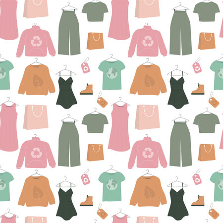 Seamless pattern with various clothes made from ethical materials. Recycled textiles and clothing. Concept of sustainable fashion, green technologies. Texture with eco products. vector illustrationのイラスト素材