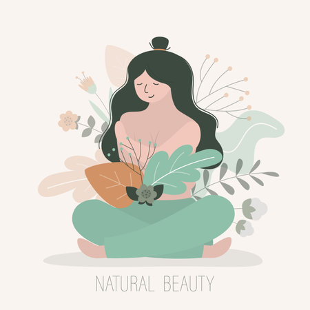 Girl without makeup in leaves and flowers. Portrait of naked woman. Concept of body positive, femininity and natural beauty. love your body. Self-care, wellness. Trendy flat vector illustrationのイラスト素材
