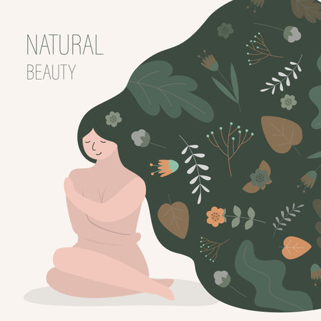 Naked woman sitting hugging herself by shoulders. Concept of natural beauty, femininity and body positive. Long green hair with different flowers, leaves. body care. Trendy flat vector illustrationのイラスト素材