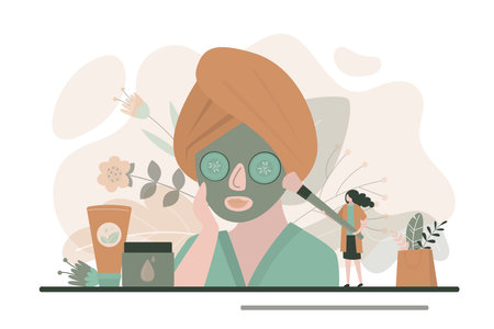 Worker applies natural mask to client with brush. Girl in spa center on relaxing treatments. Jars of cosmetic products. Self care and beauty procedure. portrait of satisfied lady. vector illustrationのイラスト素材