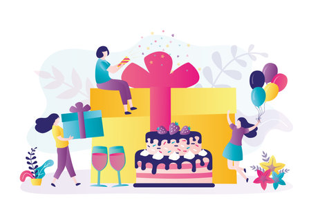 Girls wish friend happy birthday. Girlfriend makes great present. Female characters having fun at birthday party. Friends congratulations. People celebrate holiday together. vector illustrationのイラスト素材