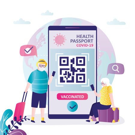 Elderly couple traveling with digital health passport. Vaccination document with qr code on phone screen. Safe travel during covid-19 pandemic. Precautions, new regulations. vector illustrationのイラスト素材