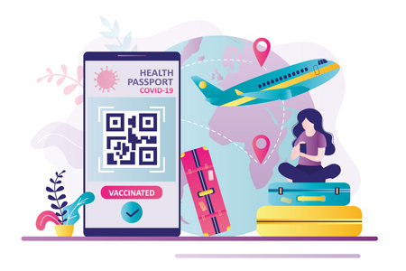 Health passport with qr code on phone screen. Girl uses digital vaccine confirmation certificate to travel. Safe travel during coronavirus pandemic. App with status vaccinated. vector illustrationのイラスト素材