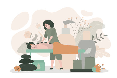 Masseur doing relaxing procedure to client. Spa worker giving hot stone massage to girl. Spa center service. Bottles with oil or cream. Massage therapy and wellness treatments.Flat vector illustrationのイラスト素材