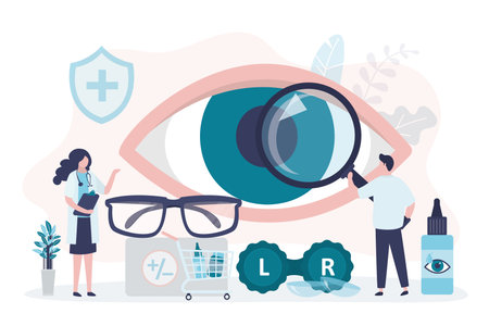 Specialist selects glasses or contact lenses for client. Different assortment of goods in optics store. Man with magnifying face examine eye. Concept of ophthalmic shop, eye care. vector illustrationのイラスト素材