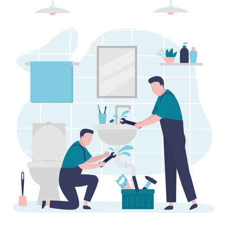 Team of plumbers fixing pipes in the bathroom. Man with tool repairs pipes under washbasin. Repairman wrench fixes mixer. plumbing service. Workers fixing sink. Restroom interior. vector illustrationのイラスト素材
