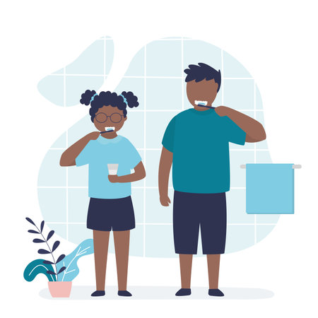African american children brush teeth together. Brother and sister doing daily morning routine. Practice good oral hygiene. Prevention of caries and dental diseases. Trendy flat vector illustrationのイラスト素材