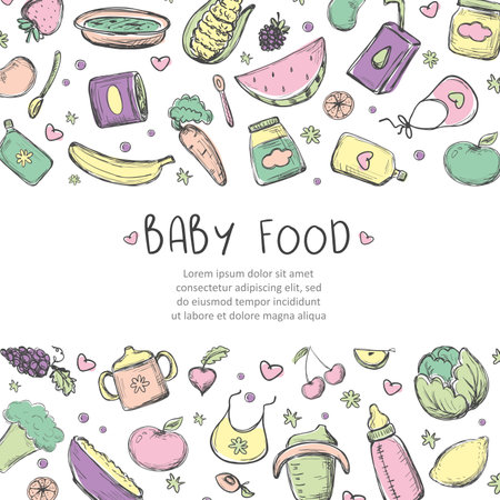 Set of different children's food. Jars and bottles of porridge or baby puree. Hand drawn baby food template. Doodle of various foods, dishes. colorful layout. Place for text. vector illustrationのイラスト素材