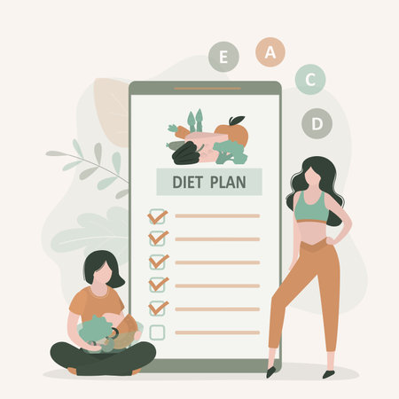 Exercise and nutrition plan in mobile application. Female characters adhere to a healthy diet. girls mark completed tasks in app. Loss weight, healthcare. healthy lifestyle. vector illustrationのイラスト素材